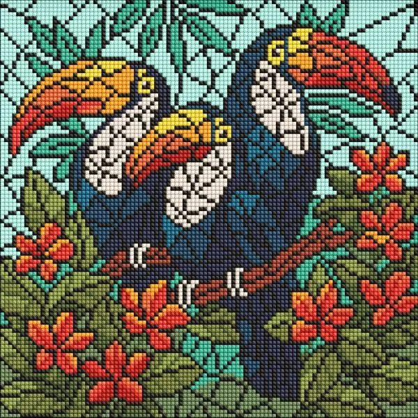 Алмазна мозаїка - "Вітраж. Тріо туканів" ©art_selena_ua, 30х30см