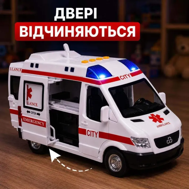 Машинка WY 1152 A (18) "Швидка допомога", підсвічування, звуки, інерція, двері відчиняються, масштаб 1:10, в коробці
