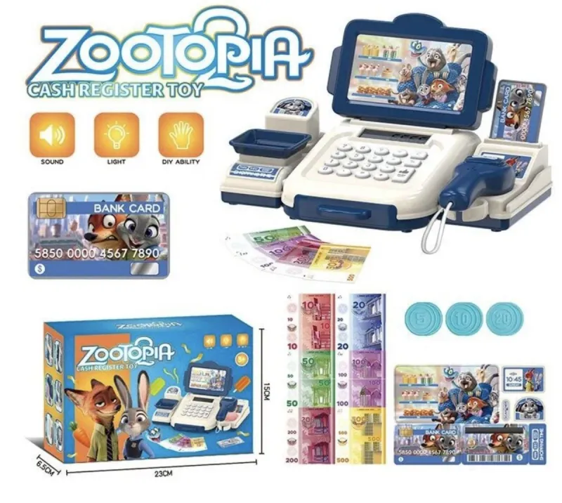 Касовий апарат калькулятор "Зоотрополіс / Zootopia", сканер має червоне підсвічування, монети, купюри, банківська карта (синій)