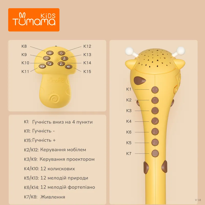Мобіль на ліжечко із проектором та музикою Tumama Жирафа Жовтий