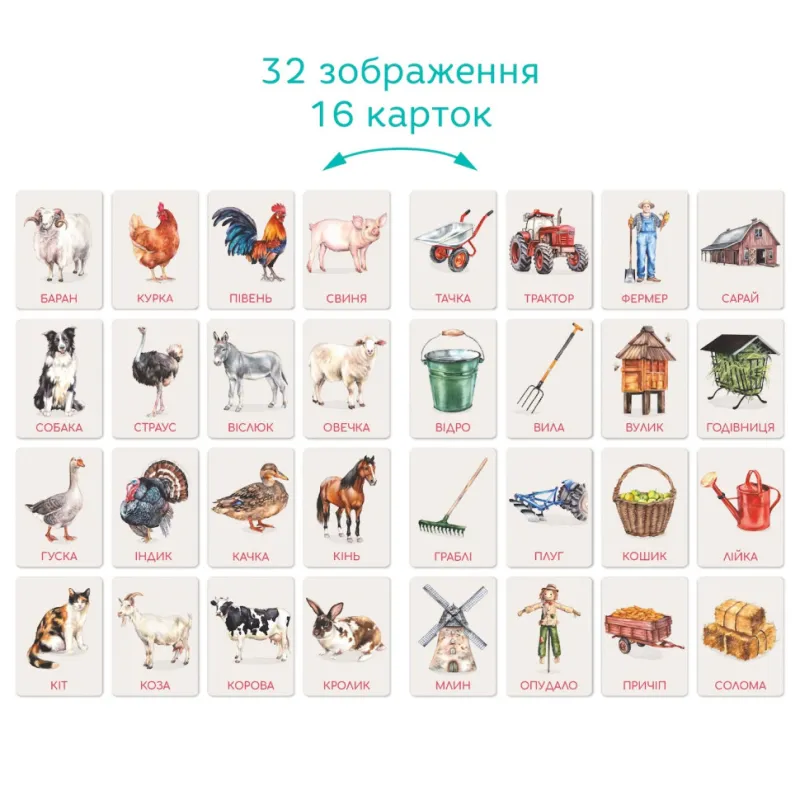 Дитячий набір навчальних карток Монтессорі "Ферма" 301233, 32 зображення
